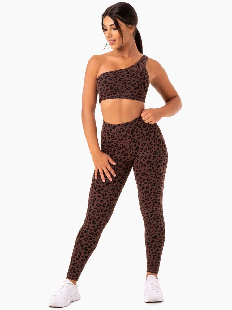 Ryderwear Adapt One Shoulder Sports Bra Čokolády Leopard | BICM-09164