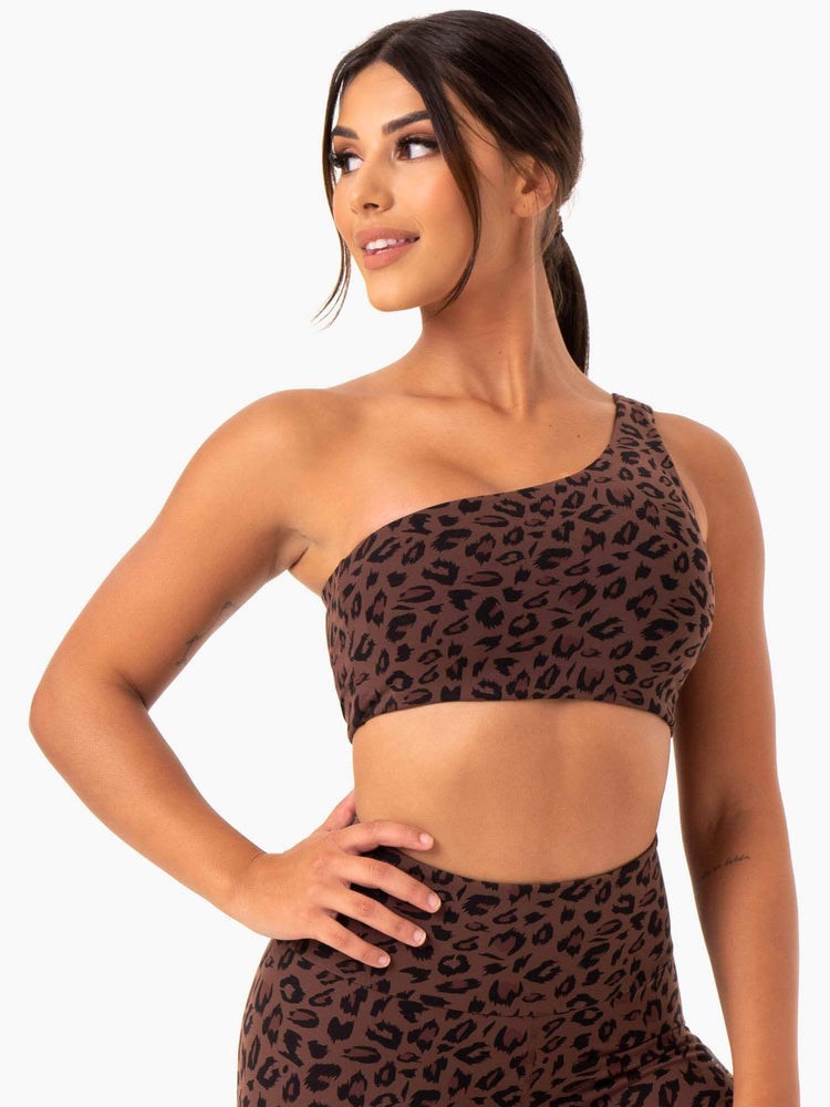 Ryderwear Adapt One Shoulder Sports Bra Čokolády Leopard | BICM-09164