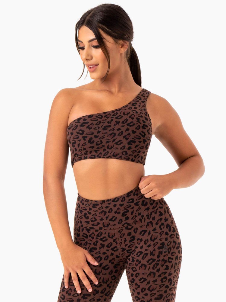 Ryderwear Adapt One Shoulder Sports Bra Čokolády Leopard | BICM-09164