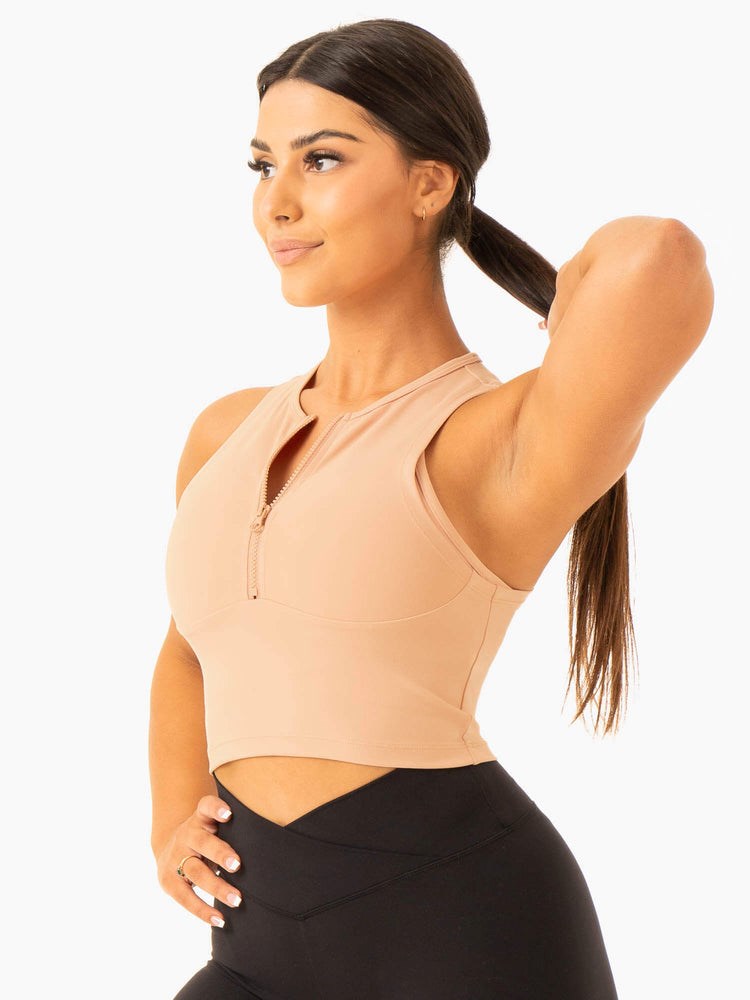 Ryderwear Embody Zip Up Crop Tan | XCTA-95203