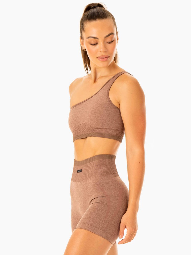 Ryderwear Excel Seamless One Shoulder Sports Bra Mocha Marl | OXWB-34612