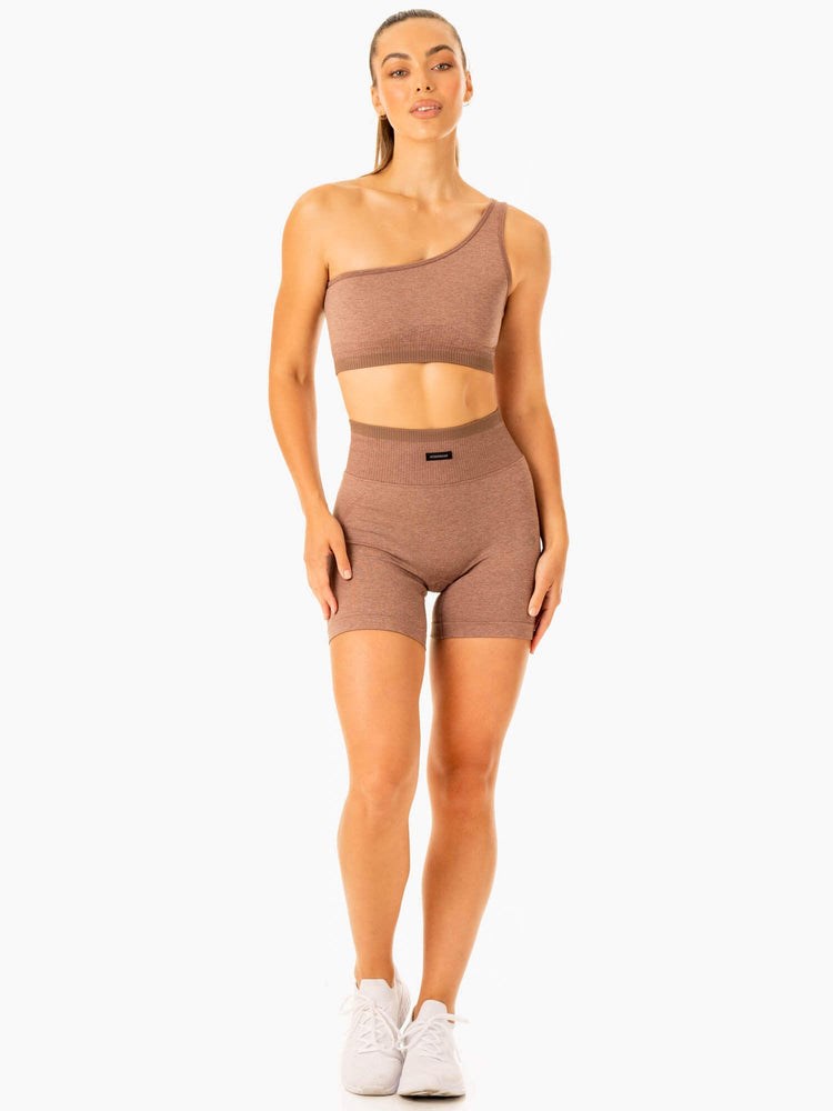 Ryderwear Excel Seamless One Shoulder Sports Bra Mocha Marl | OXWB-34612