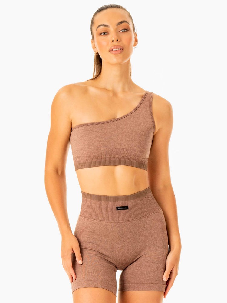 Ryderwear Excel Seamless One Shoulder Sports Bra Mocha Marl | OXWB-34612