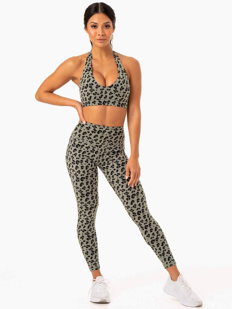 Ryderwear Hybridní Halter Sports Bra Hnědožlutý Leopard | RJSL-76419