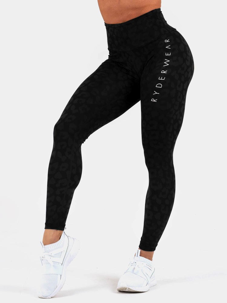 Ryderwear Instinct Scrunch Bum Leggings Leopard Černé | UOKV-90562