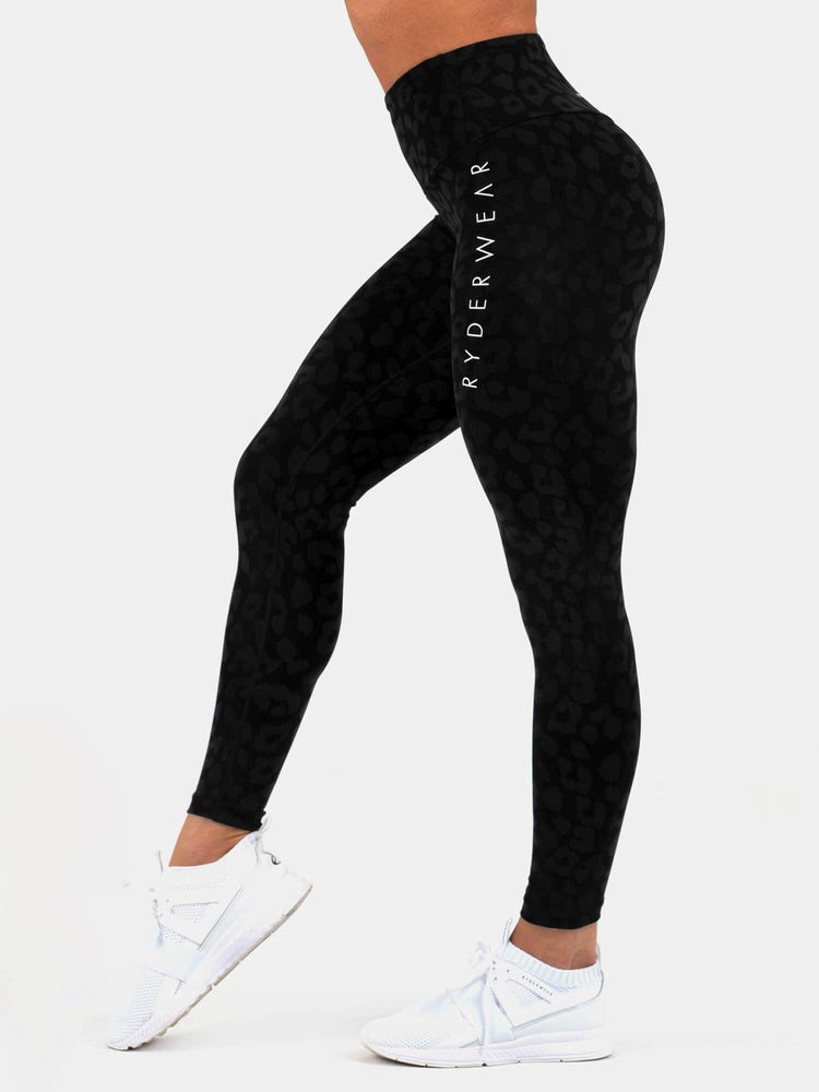 Ryderwear Instinct Scrunch Bum Leggings Leopard Černé | UOKV-90562