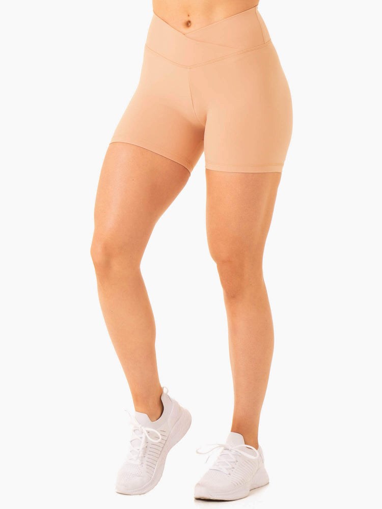 Ryderwear Serene Cross Over Scrunch Shorts Tan | GNOR-87591